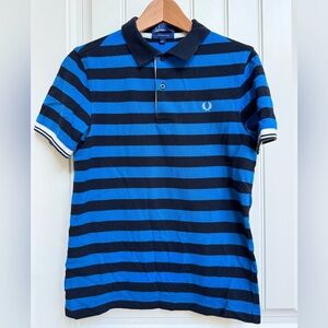 Fred Perry Navy and Blue Thick Striped Cotton Mesh Polo Shirt. Size S